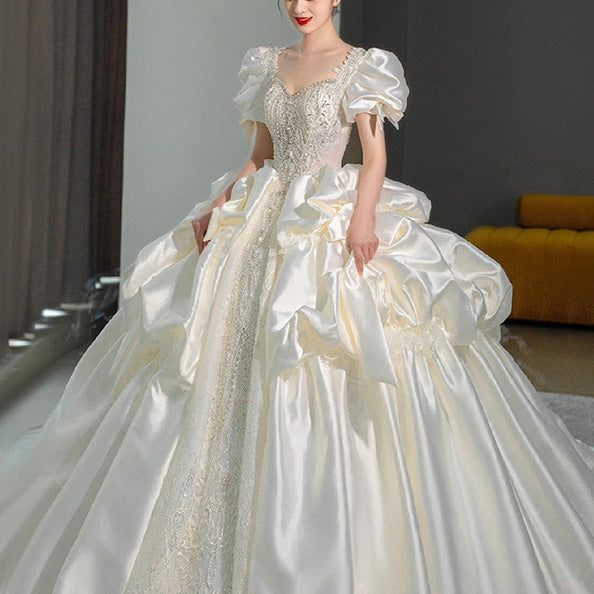 New Luxury Satin Wedding Dress Lace Beading Shinny Lantern Sleeve Bridal Dress Ball Gown EWB4063