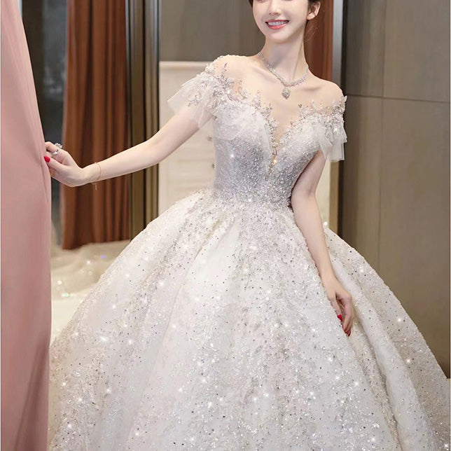 Dubai Wedding Dress Sparkly Crystal Appliques Saudi Arabic Bridal Gown EWB4064