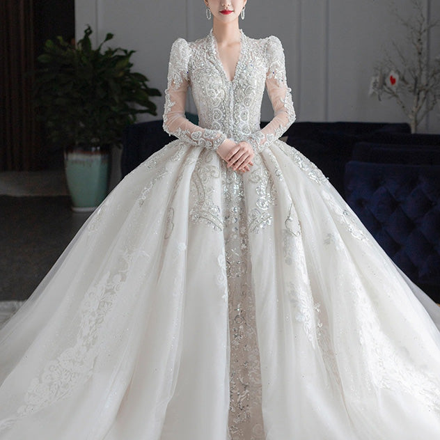 V-neck Wedding Dress New Long Sleeves Ball Gown EWB661