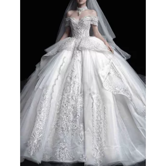 Luxury Wedding Dresses Witn Train Classic Boat Neck Wedding Ball Gown EWB674