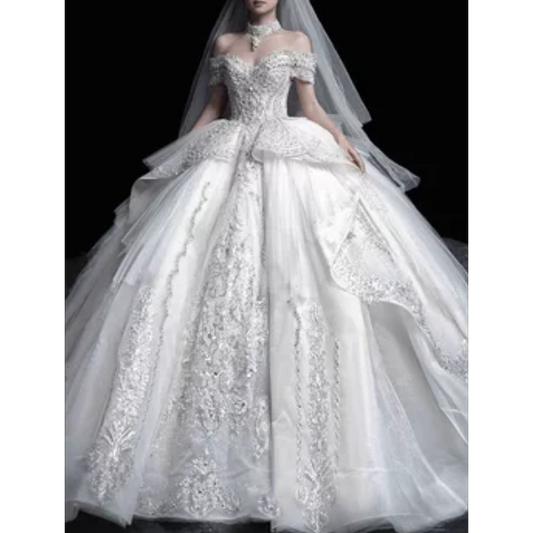 Luxury Wedding Dresses Witn Train Classic Boat Neck Wedding Ball Gown EWB674