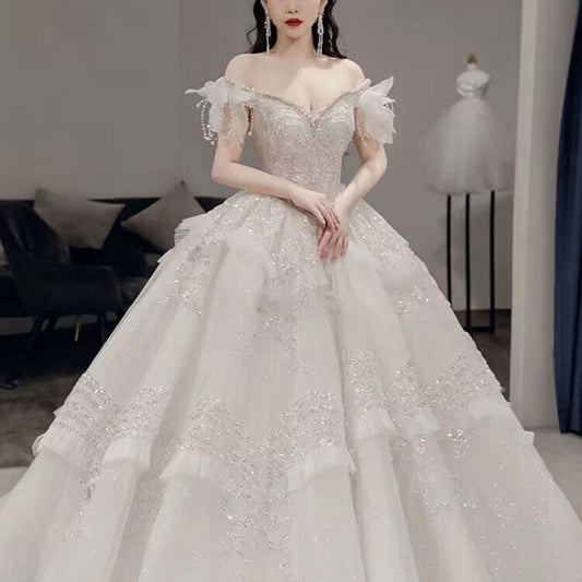 Off The Shoulder Luxury Wedding Dress With Pearls Lace Up Sexy Sleeveless Bride Ball Gown Vestido De Noiva EWB675