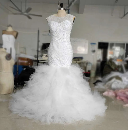 Gorgeous Mermaid Tulle Ruffles Beaded wedding Bridal Dress EWM118