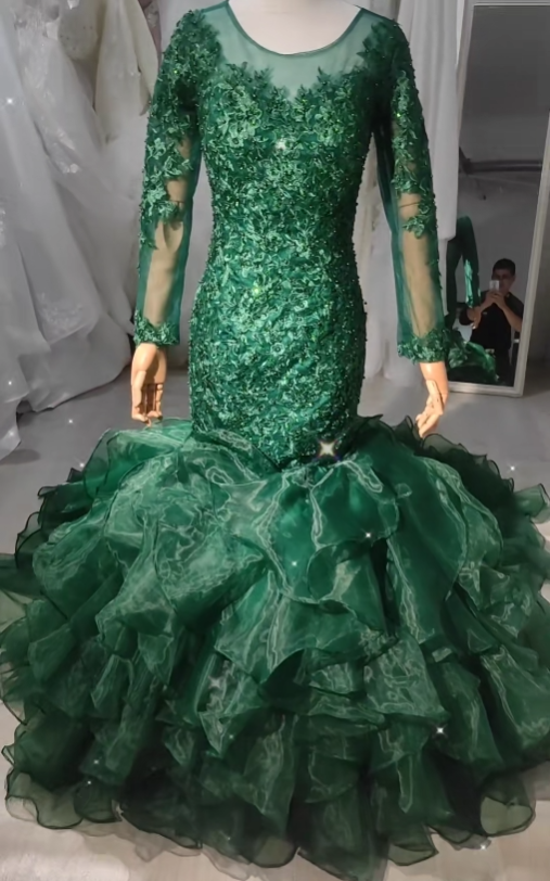 Hunter Green Evening Dress Organza Applique Long Formal Sequins Prom Dress EWM4327