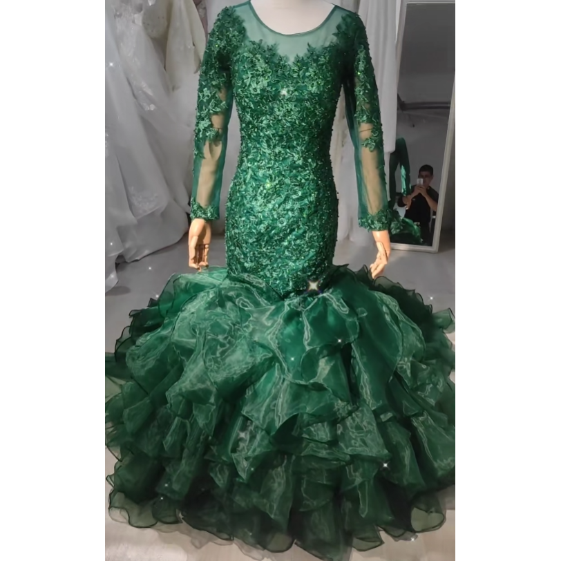 Hunter Green Evening Dress Organza Applique Long Formal Sequins Prom Dress EWM4327