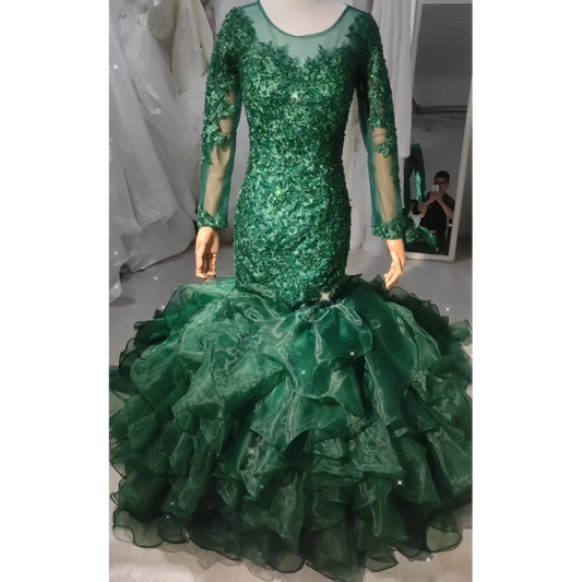 Hunter Green Evening Dress Organza Applique Long Formal Sequins Prom Dress EWM4327