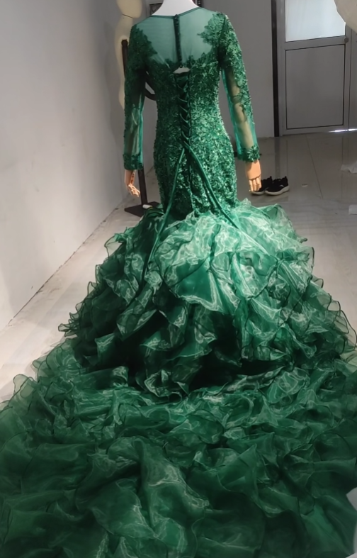 Hunter Green Evening Dress Organza Applique Long Formal Sequins Prom Dress EWM4327