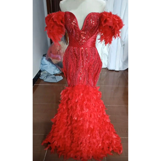 Couture Red Feather Evening Dresses Dubai Arabic Islamic Party Dress Beaded Sequined Middle East Formal Gown Robe De Soiree EWM4342