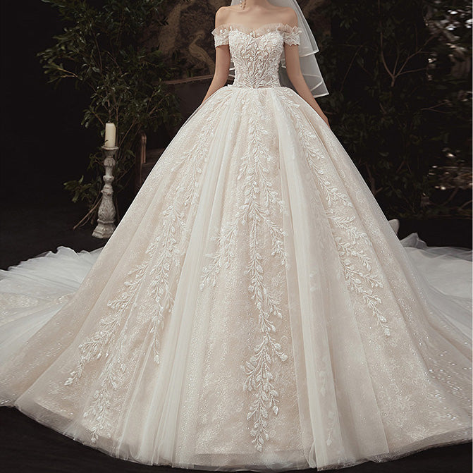 Luxury Gorgeous Wedding Dresses Short Sleeve Backless Glitter Tulle Appliques Lace Beading Ball Gown EXB1299