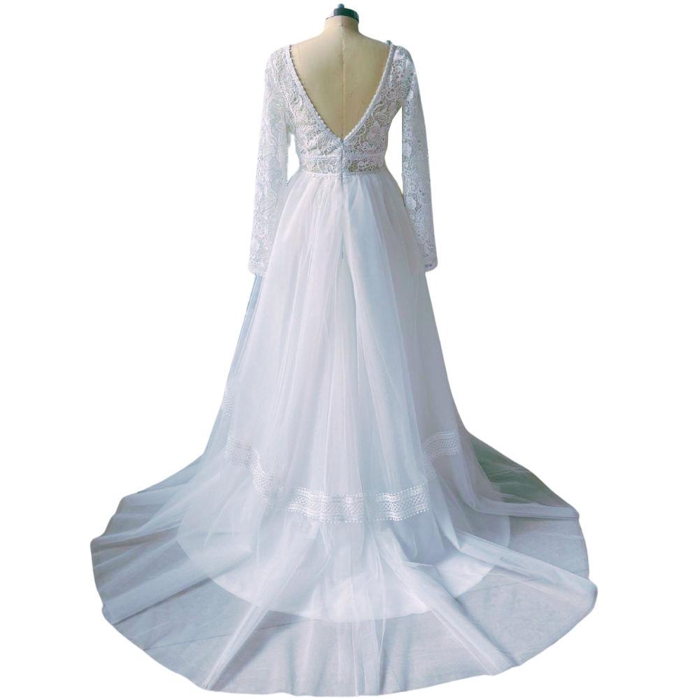 Boho Bridal Dress V-Neck Sweap Train Long Sleeve Wedding Dress EYB1207