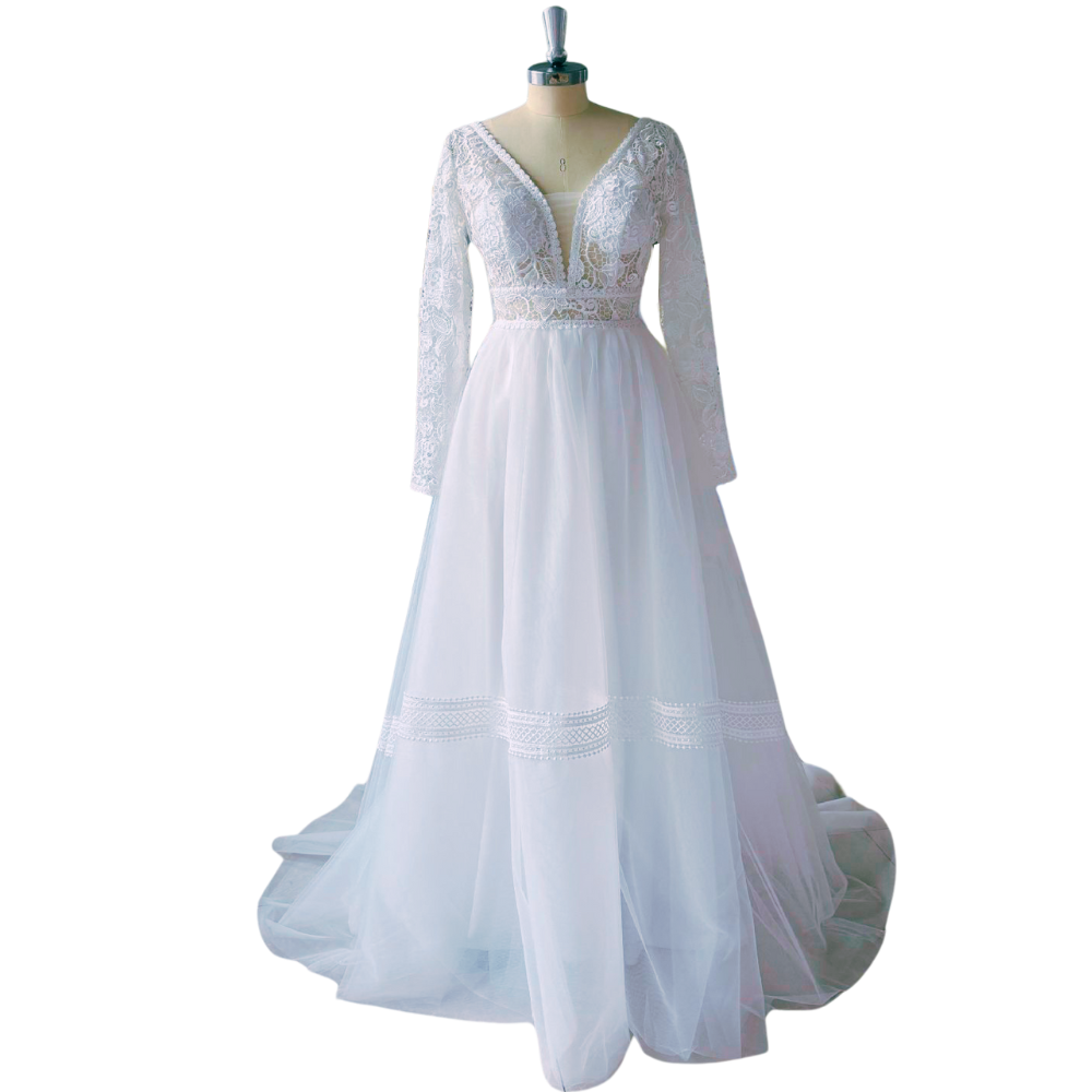 Boho Bridal Dress V-Neck Sweap Train Long Sleeve Wedding Dress EYB1207