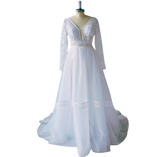 Boho Bridal Dress V-Neck Sweap Train Long Sleeve Wedding Dress EYB1207