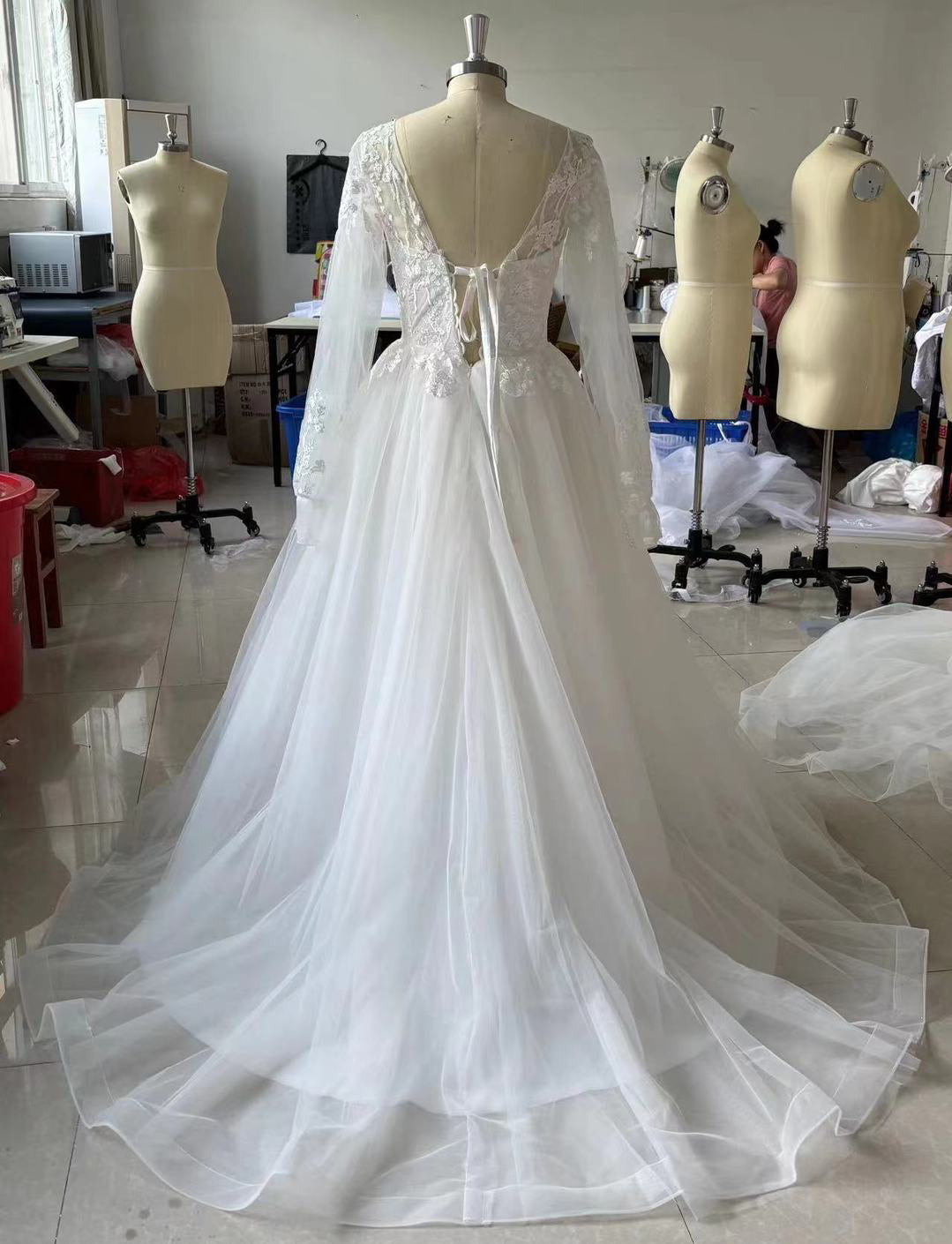 A Line Wedding Dresses Long Sleeve Applique Lace 3D Flower Tulle Boho Bride Gown EYB1215