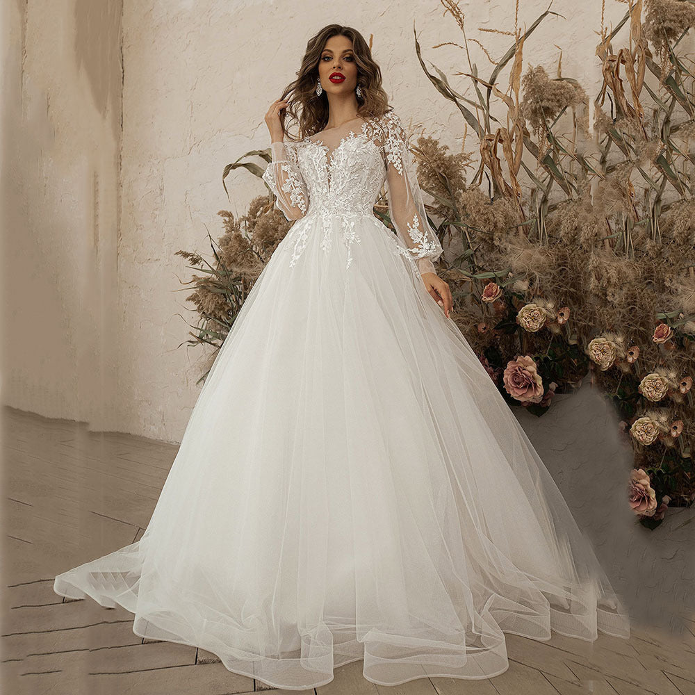 A Line Wedding Dresses Long Sleeve Applique Lace 3D Flower Tulle Boho Bride Gown EYB1215