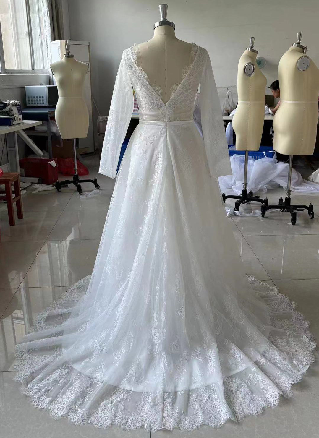 Long Sleeve Deep V Neck Lace Wedding Dress EYB1216