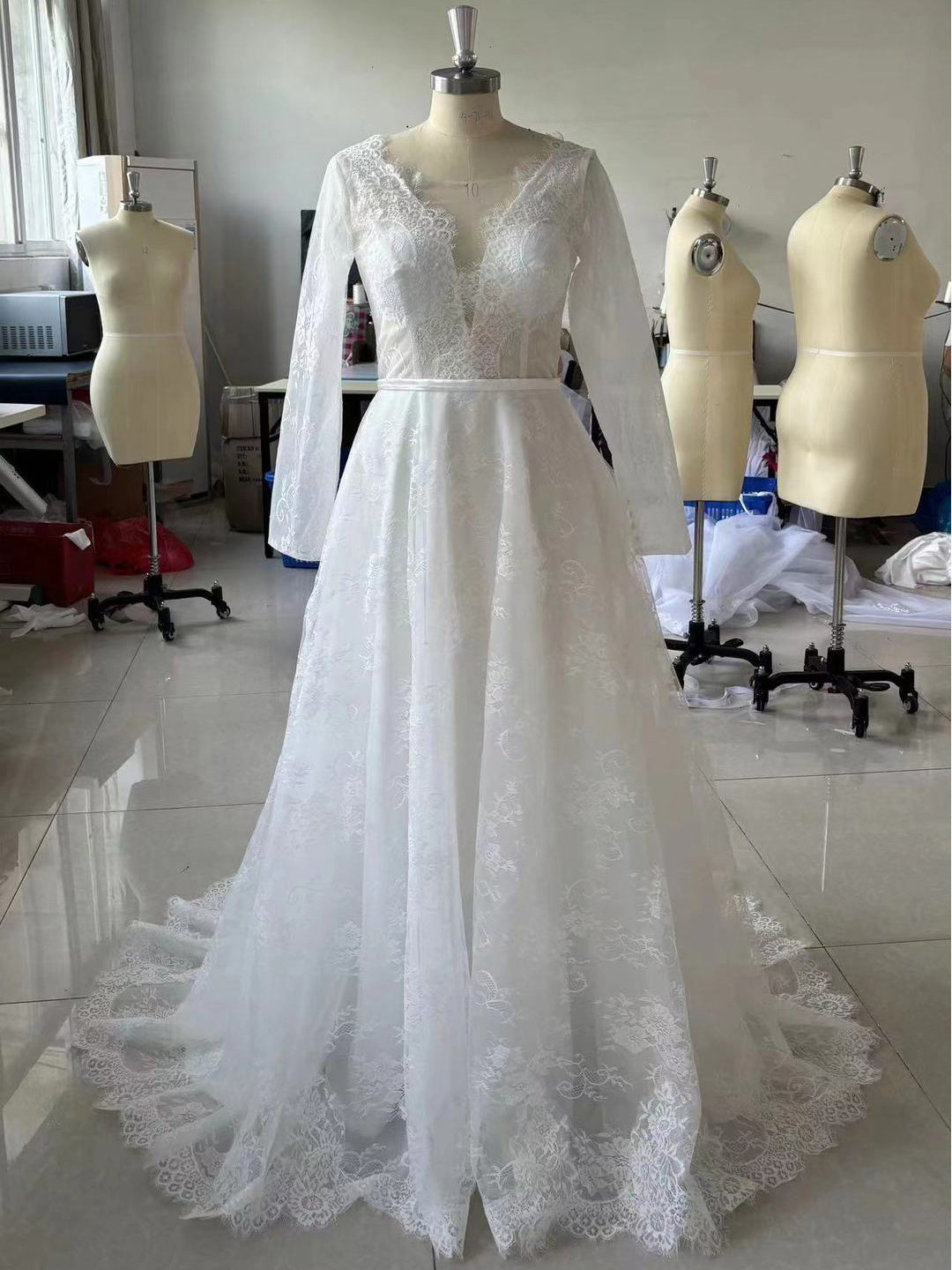 Long Sleeve Deep V Neck Lace Wedding Dress EYB1216