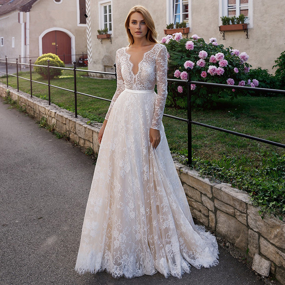 Long Sleeve Deep V Neck Lace Wedding Dress EYB1216