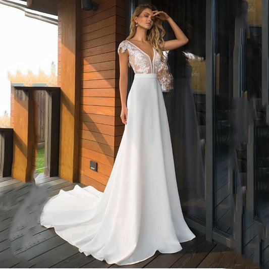 Elegant Satin V-neck A-line Wedding Dresses Boho Bridal Gowns EYB1221