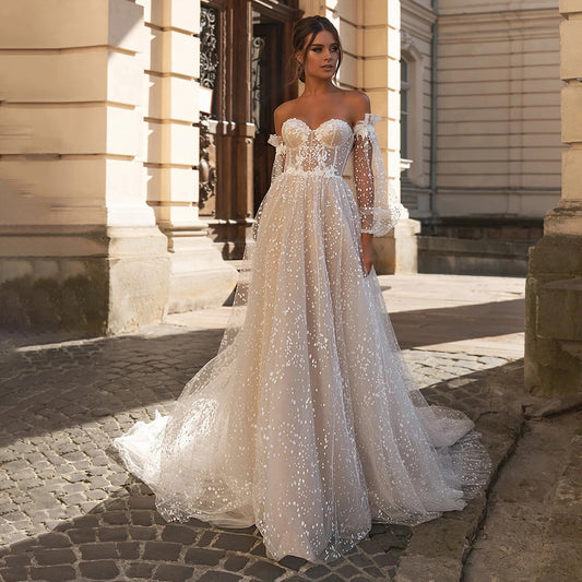 Sexy Sweetheart Strapless Puff Sleeves A-Line Wedding Dresses For Bride EYB1227