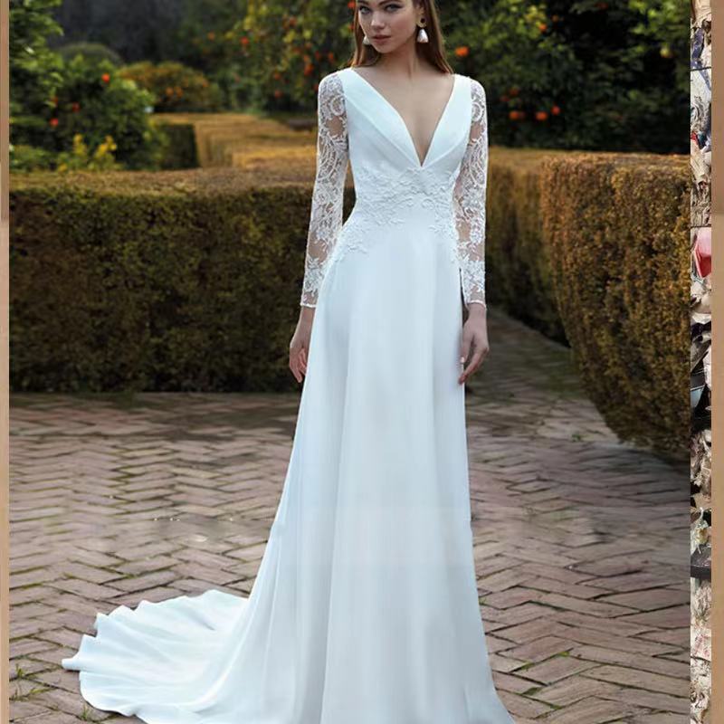 Boho Wedding Dresses V Neck Long Sleeve Illusion Back A Line Bridal Gown EYB1231