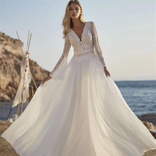 Bohemian A Line Wedding Dresses V Neck Long Sleeve Lace Applique Backless For Women Bridal Gown Vestidos De Novia EYB1232