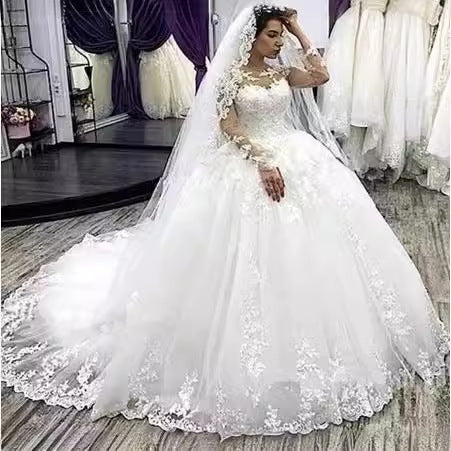 Elegant A-line Wedding Dresses Lace Applique Long Sleeves Ball Bride Gown EYB1237