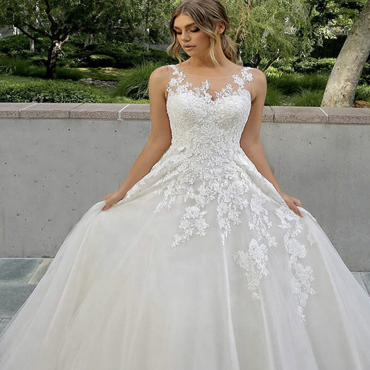 Sweetheart Illusion Sleeveless Appliqué Lace Train Wedding Dress Bridal Gown EYB1247