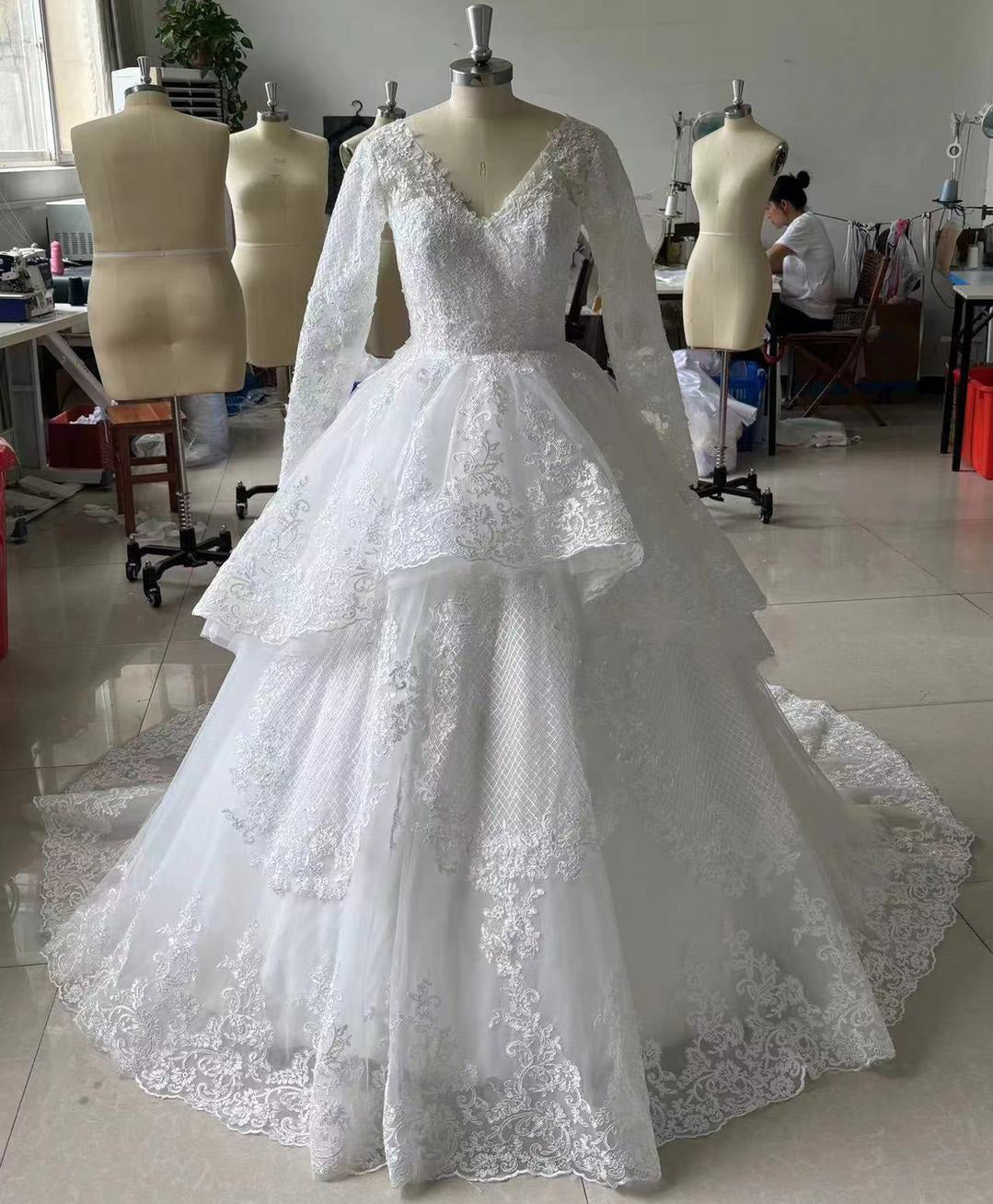 Long Sleeves Princess lace Wedding Dresses See the Video Contact with US EYB1292