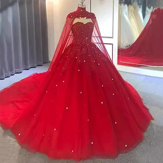 Women's Sweetheart Quinceanera Dress with Cape Tulle Beaded Appliques Ball Gowns EYB1293