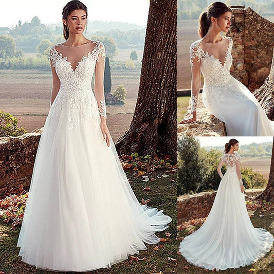 Womens Elegant Wedding Dress Lace Bridal Gowns V Neck Plus Size Beach Party Formal Dress Wedding Gowns EYB5010