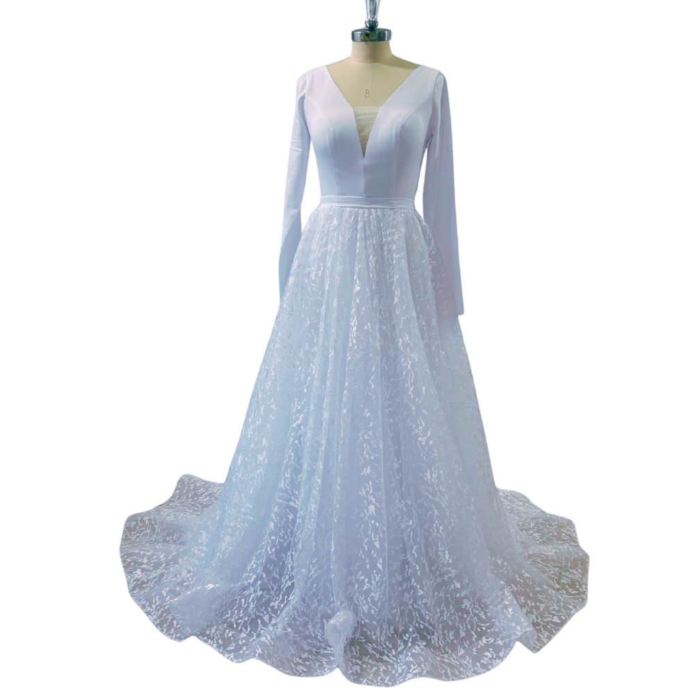 white A-line long sleeve wedding dress gorgeous bridal gown EYB5012