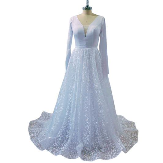 white A-line long sleeve wedding dress gorgeous bridal gown EYB5012