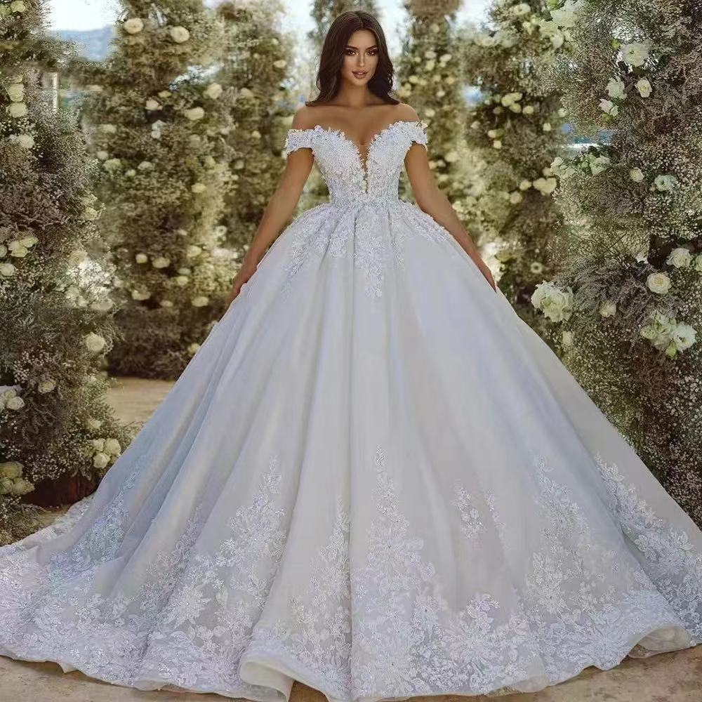 Elegant Ball Wedding Dresses Sweetheart Off Shoulder Lace Beaded Appliques Gowns EYB5022