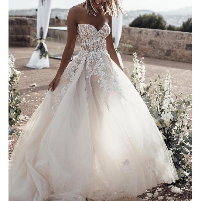 -line Tulle Skirt Floral Lace Sweetheart Wedding Dresses EYB5039