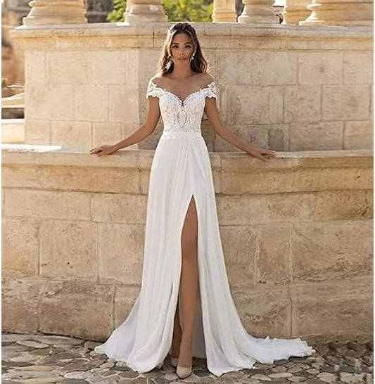 Off Shoulder Bridal Dress Deep V Sexy Side Slit Lace Applique Formal Beach Trailing Wedding Dress EYB963