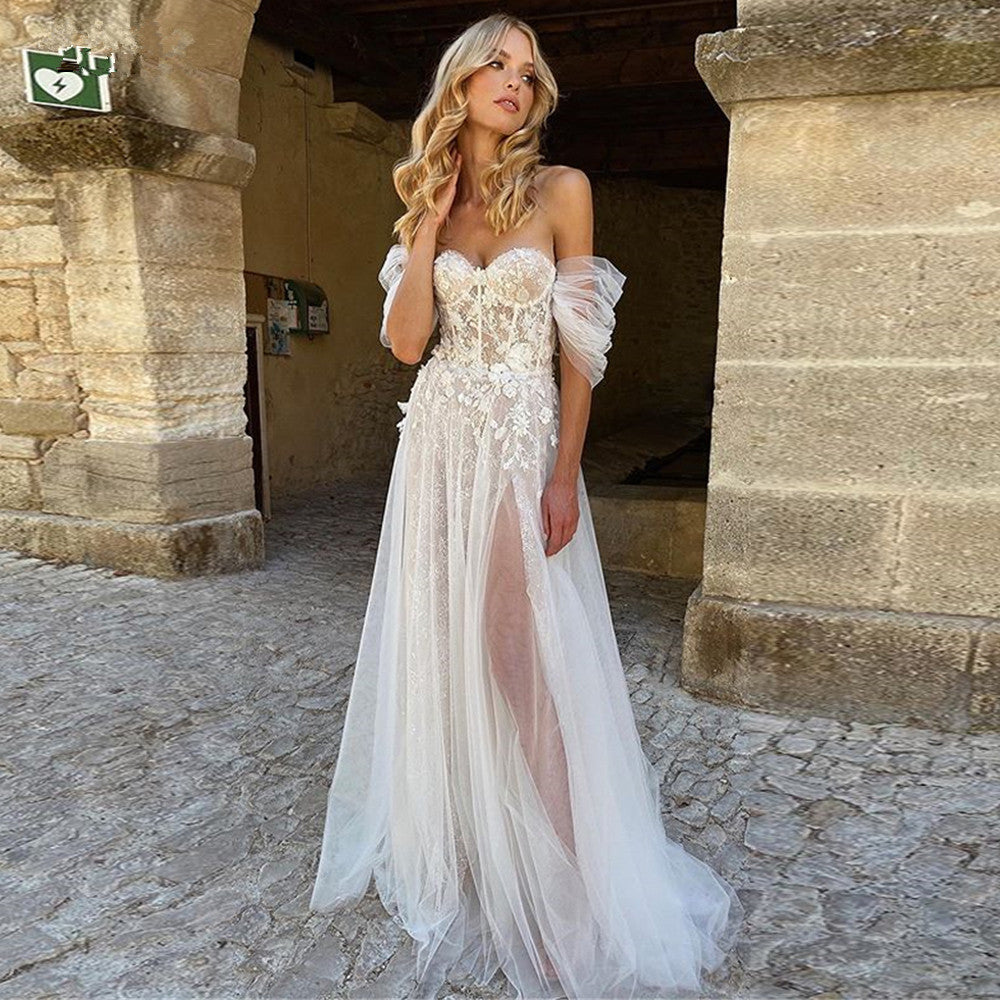 Personalised Off the Shoulder Boho Tulle Sweetheart Beach Wedding Dress Bridal Gown EYB967