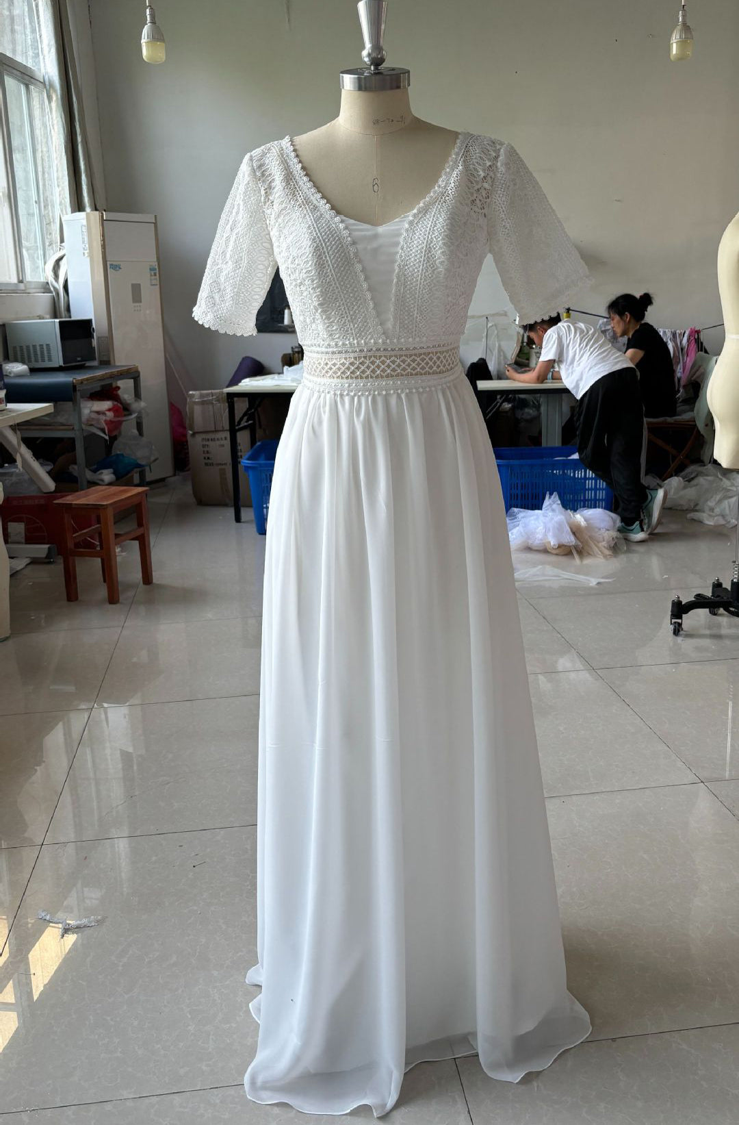 V-Neck Boho Wedding Dress For Women Short Sleeves Floor Length Backless Bridal Gown Robe De Marie EYB970