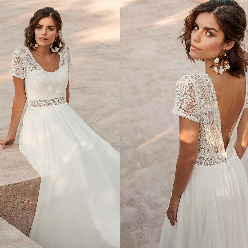 V-Neck Boho Wedding Dress For Women Short Sleeves Floor Length Backless Bridal Gown Robe De Marie EYB970