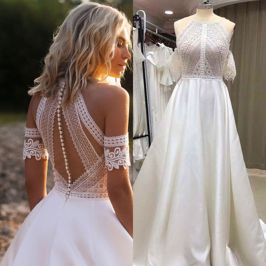 Elegant Women's Wedding Dress Empire Waist Short Sleeve Bridal Gown EYB971