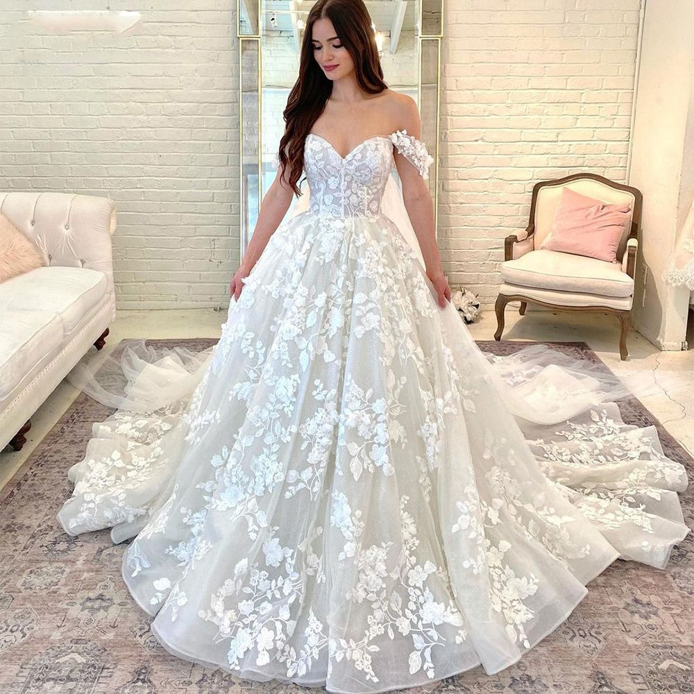 Lace Applique Wedding Dress Off the Shoulder Short Sleeves Bridal Gowns EYB972