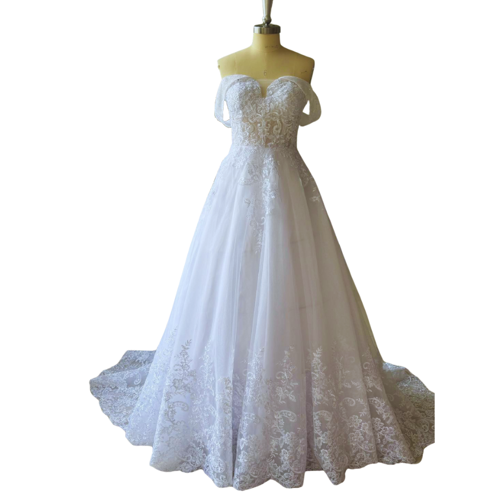 White V Neck Off Shoulder Tulle Ball Gown Corset Wedding Dress EYB984