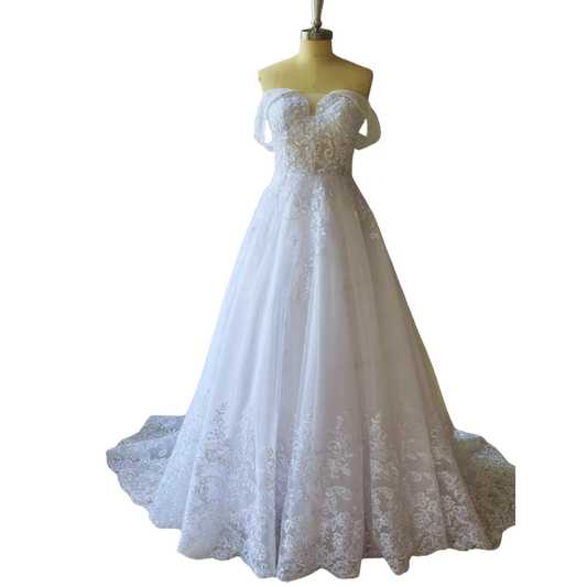 White V Neck Off Shoulder Tulle Ball Gown Corset Wedding Dress EYB984