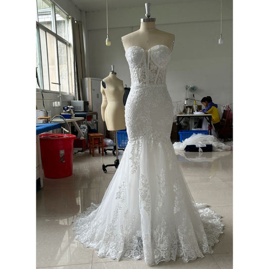 Mermaid Bridal Dresses Tulle Spaghetti Straps White Wedding Dress EYM1214