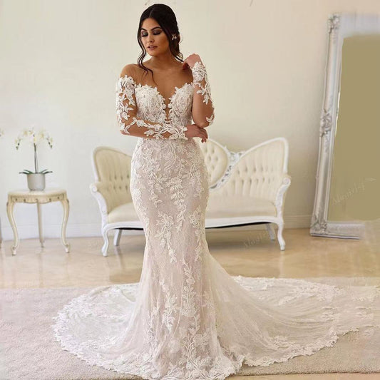 Long Sleeve Beach Mermaid Wedding Dresses Illusion Wedding Gowns Robe Mariage EYM1217