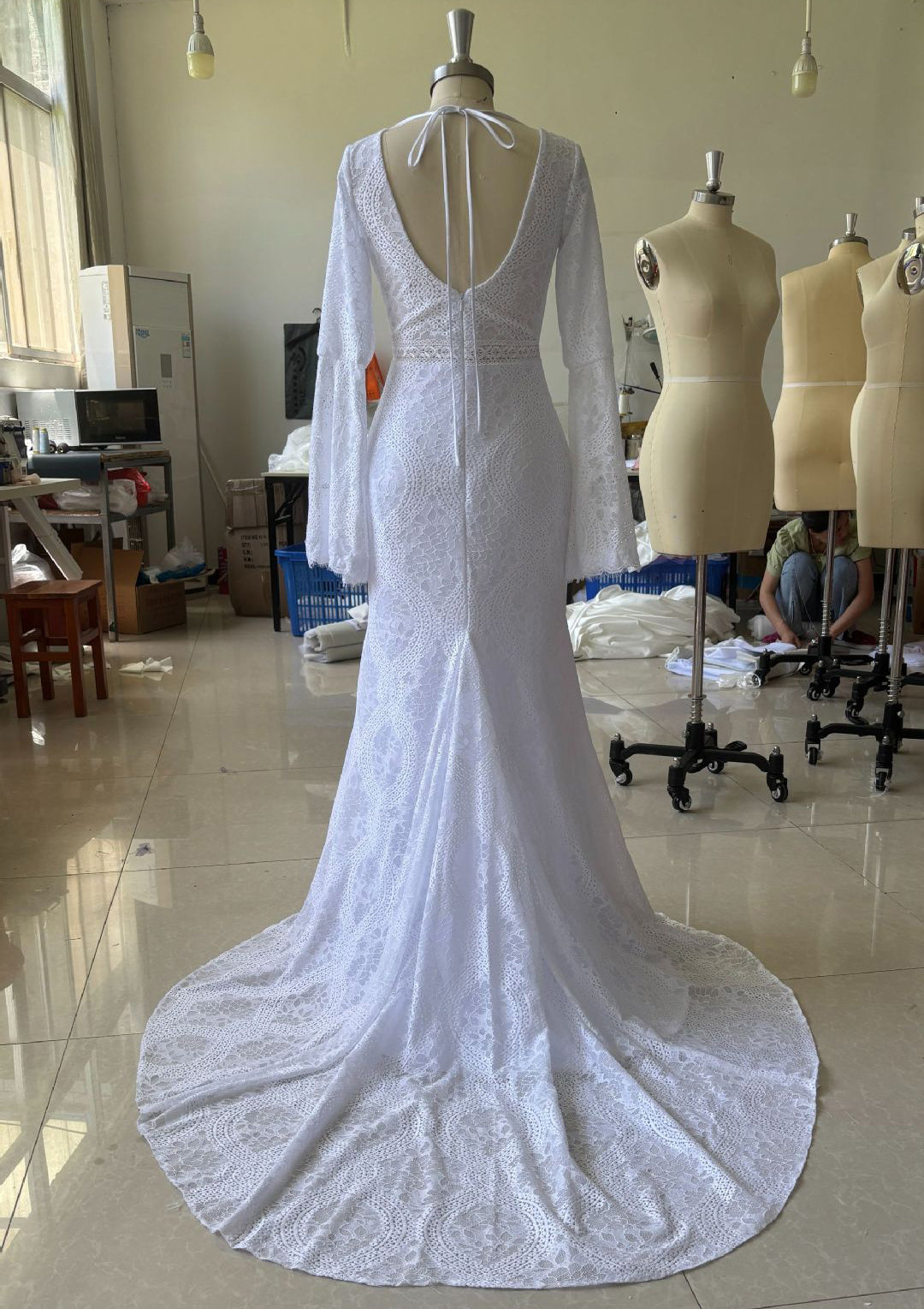 Beach Boho Wedding Dress V Neck Long Bell Sleeve A Line Bridal Gown EYM1225