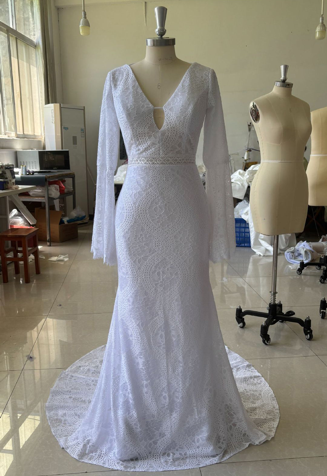 Beach Boho Wedding Dress V Neck Long Bell Sleeve A Line Bridal Gown EYM1225