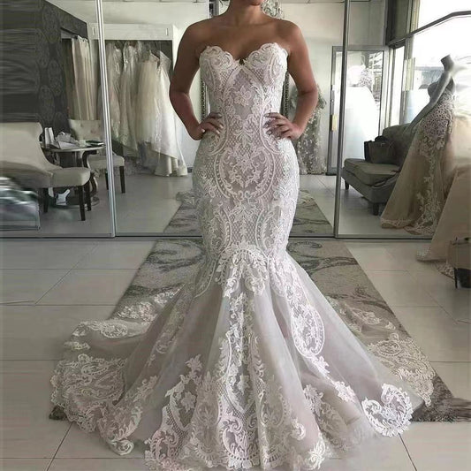 Mermaid Wedding Dresses Sweetheart Lace Appliques Open Back Bridal Gowns EYM1236