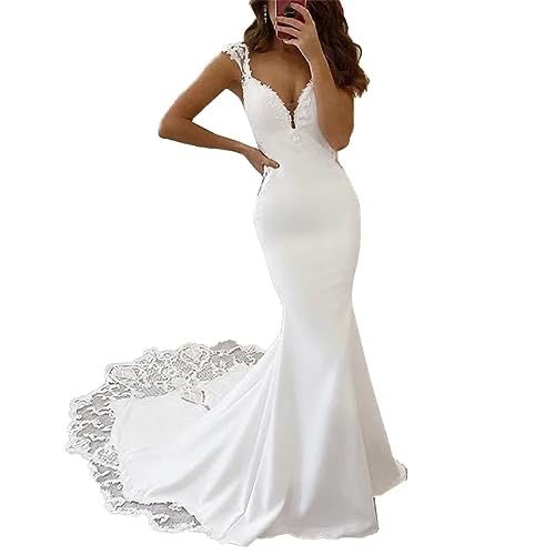 Satin Mermaid Wedding Dresses for Bride Deep V Neck Bridal Dress EYM1239