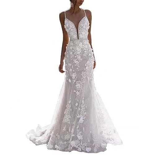 Wedding Dress for Women Spaghetti Straps V-Neck Appliques Tulle Bridal Gowns EYM1245