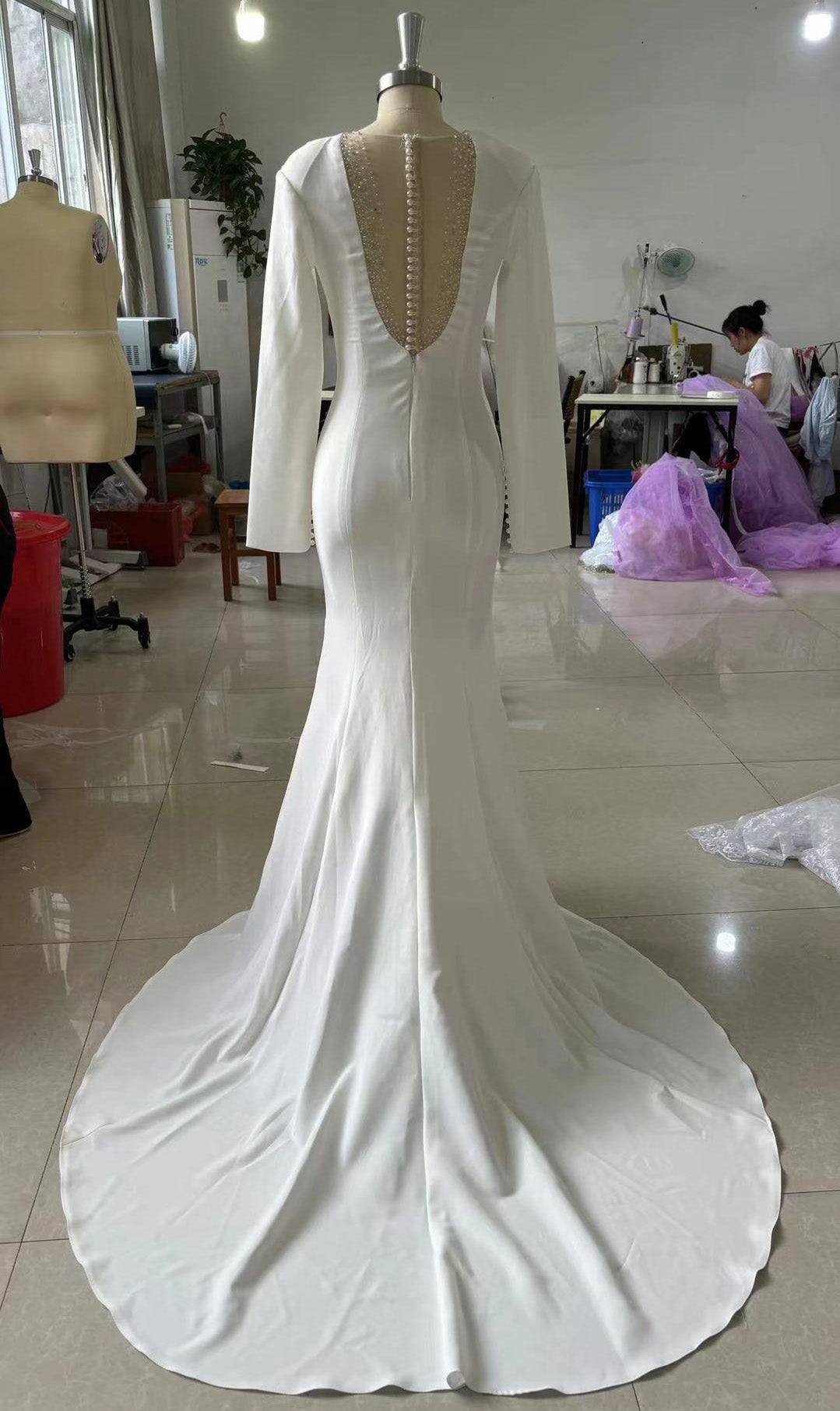 Wedding Dresses Vintage Long Crepe O-Neck Beaded With Sleeves Mermaid Sweep Train Bridal Gown EYM1248